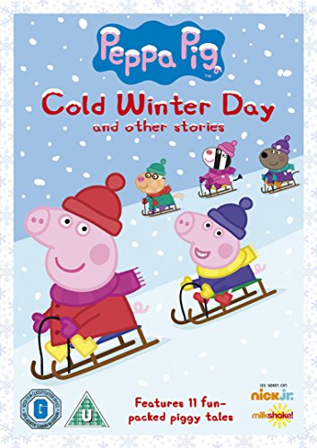 DVD cover featuring Peppa Pig and friends sledding on a snowy hill, winter scene background.