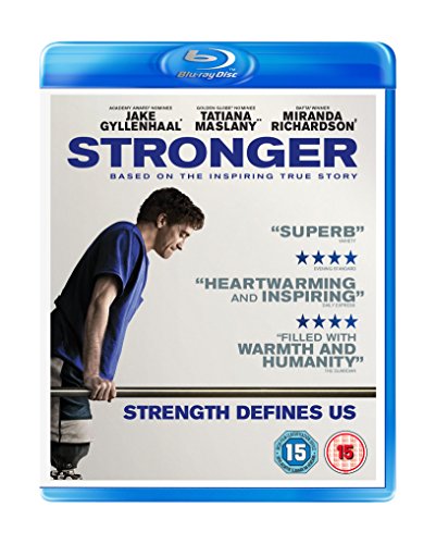 "Blu-ray case for 'Stronger' with a man leaning on crutches on the cover."