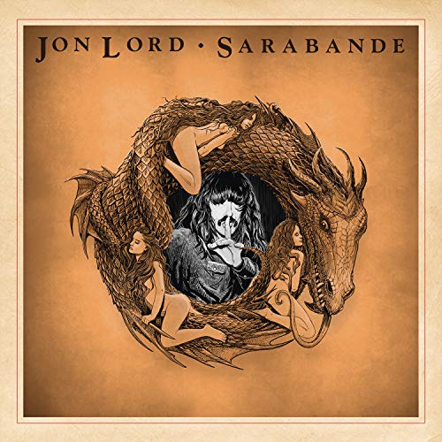 Vinyl album cover with Jon Lord's image surrounded by dragon and mermaids, sepia-toned illustration.