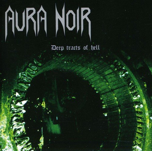 "A CD album cover with dark, eerie imagery and the title 'Aura Noir'."