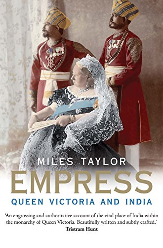 Book cover featuring Queen Victoria with two Indian men in ornate red uniforms.