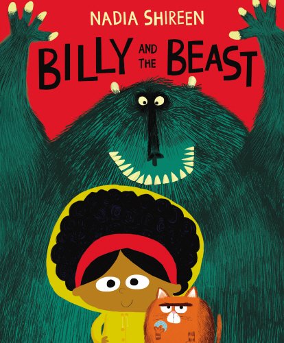 The image depicts a children's book cover featuring a cartoon girl, cat, and large green monster. Here is a concise description of the image in 15 words or less: "Cartoon girl with cat stands before a large green monster on a red background."