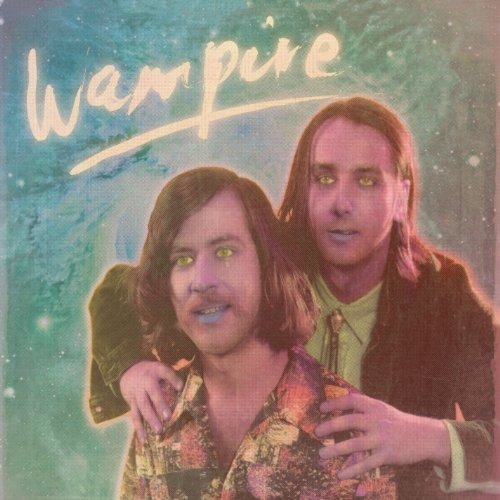"Album cover featuring two men with long hair and yellow eyes, green background."