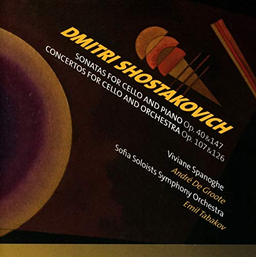 "CD cover for Dmitri Shostakovich's cello sonatas and concertos, featuring artist and orchestra names."