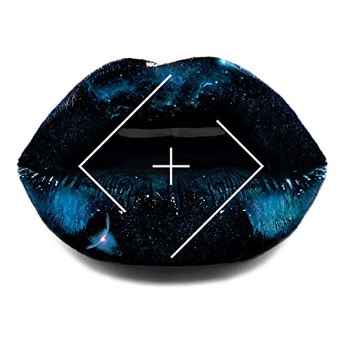 The alt text for the image is: "A close-up of lips with galaxy-print lipstick and a white diamond shape."