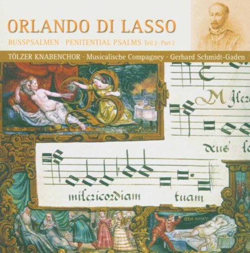 "CD cover with medieval artwork, sheet music, and title 'Orlando di Lasso' in gold lettering."