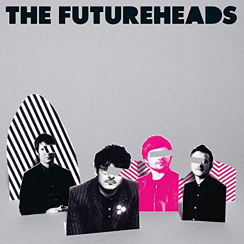 "Album cover with four band members' portraits against striped backgrounds, one in bright pink."