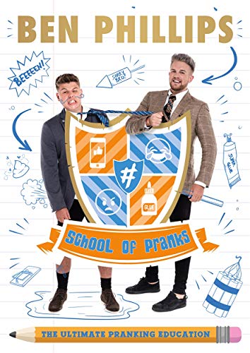 "Book cover featuring two men holding a shield with 'School of Pranks' banner."