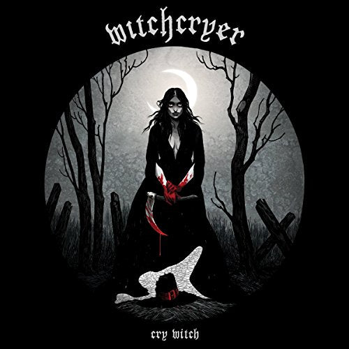 "Witchcryer album cover: dark illustration of a woman with a bloody axe in a graveyard."