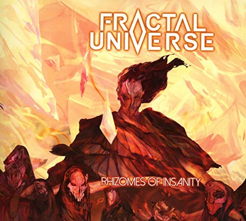 The image depicts a dark, abstract figure surrounded by hooded figures, with a fiery background.