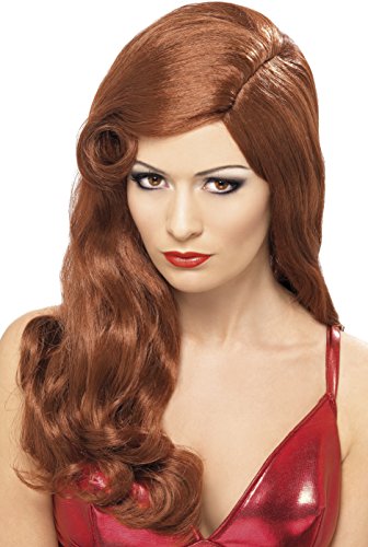Mannequin head wearing a long, curly auburn wig and red shiny dress.
