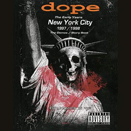"Album cover with a skeleton Statue of Liberty and 'dope' title in orange."