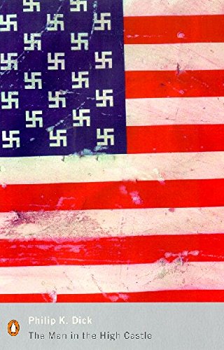 "Book cover with red and gold pattern, partial US flag, and title 'The Man in the High Castle'."