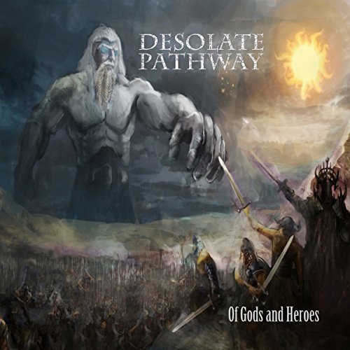"Album cover art: giant figure looming over warriors in a battle scene."
