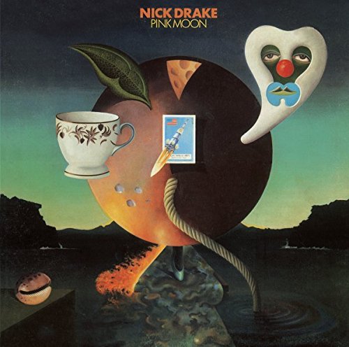 "Nick Drake's Pink Moon vinyl album cover featuring surreal artwork with a moon and objects."