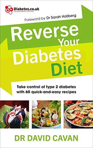 "Book cover with green and yellow title, 'Reverse Your Diabetes Diet', and three food images below."