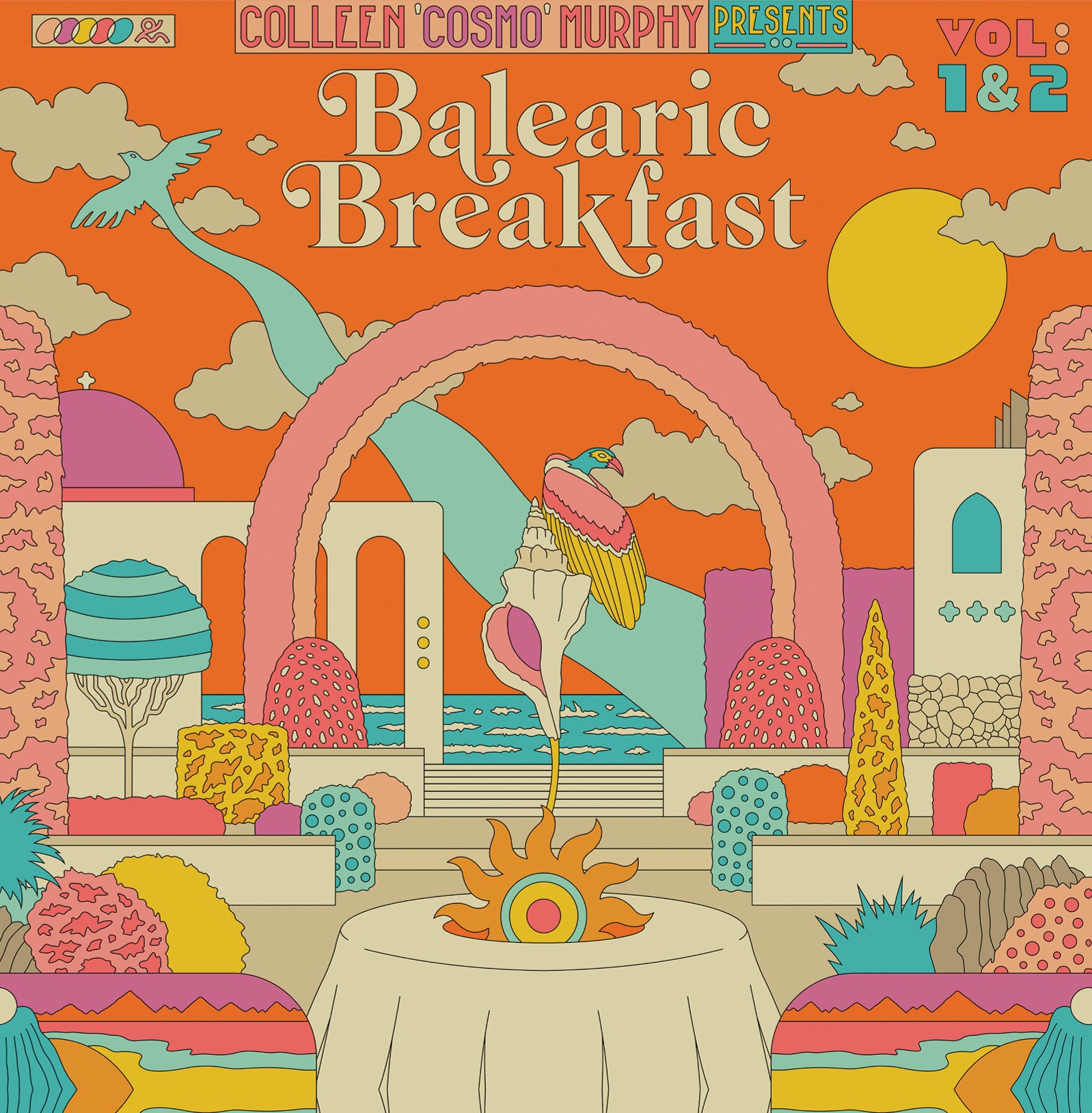 "Vibrant orange album cover with abstract landscape, birds, and 'Balearic Breakfast' text."