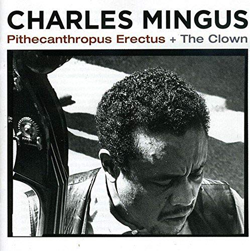 "CD cover with black and white photo of Charles Mingus and double bass."
