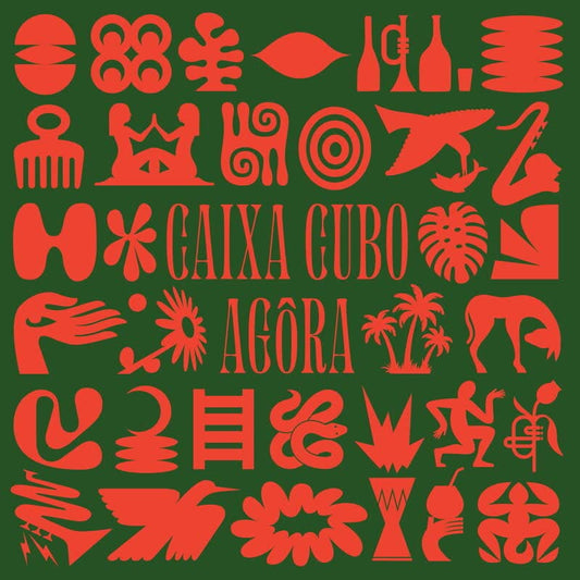 Red abstract symbols and text on a dark green vinyl record cover.