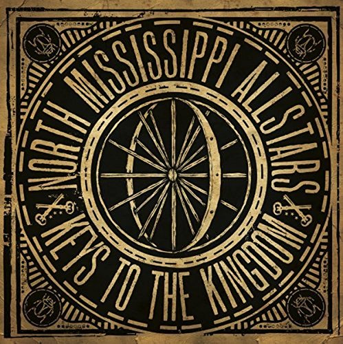 "Album cover art with a black and gold wagon wheel design."