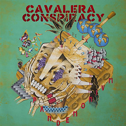 "Cavalera Conspiracy album cover featuring a skull with various objects and text on a green background."