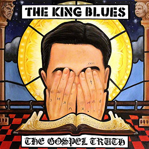 Album cover art: man covering face, open book, stained-glass window, red and black checkered floor.