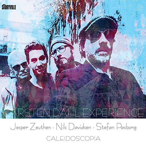 Album cover with three men's portraits and abstract blue background.