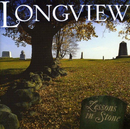 "Album cover with a graveyard scene, tombstones, and a tree, titled 'Longview - Lessons in Stone'."