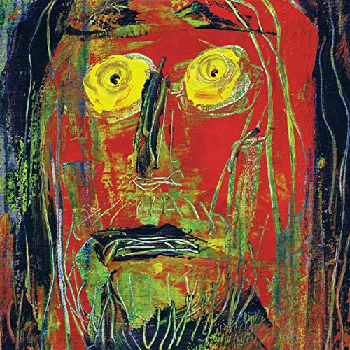 The alt text for the image is: "Abstract painting of a face with yellow eyes on red background."