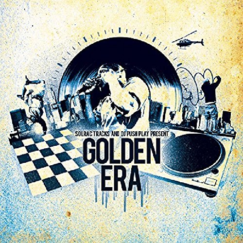 "Album cover art with 'Golden Era' text, DJ setup, and vinyl record illustrations."