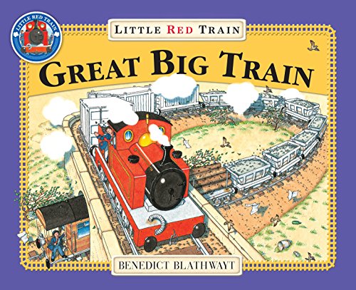 Children's book cover featuring a red train on tracks with a yellow banner.
