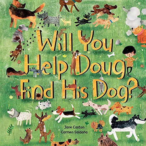 "Children's book cover featuring a girl and various dogs on a green background."