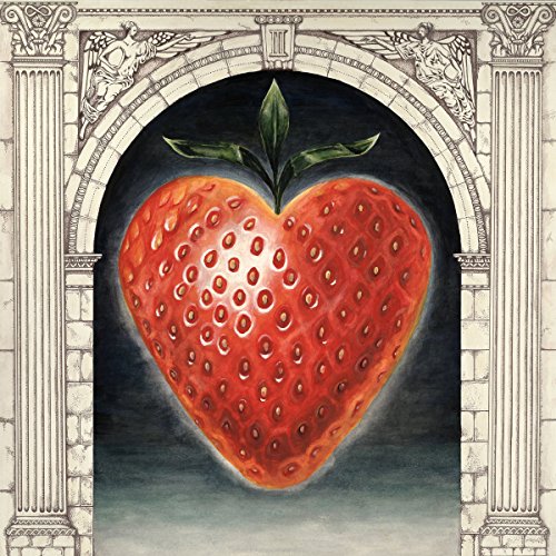 A heart-shaped strawberry is centered within a stone archway, surrounded by columns.