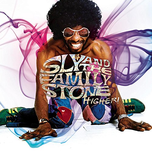 Album cover with Sly Stone sitting, wearing sunglasses, colorful pants, and text overlay.
