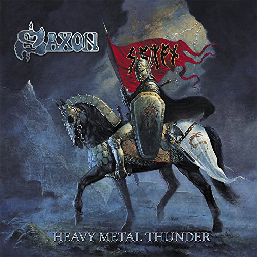 Album cover featuring a knight on horseback with a red flag, dark background.