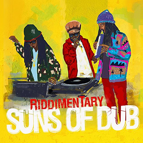 "Album cover art featuring three men with turntables and keyboards on a yellow background."