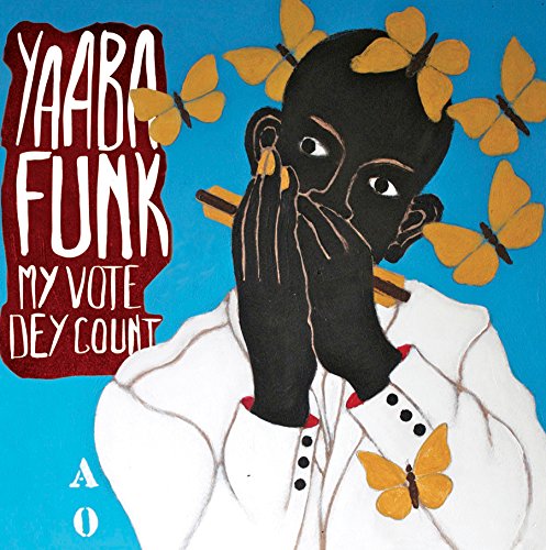 "Album cover featuring a person with butterflies, wearing a white shirt against a blue background."