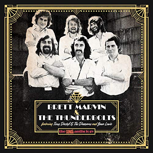 Black-and-white image of six men, bordered by gold art deco design on a black background.