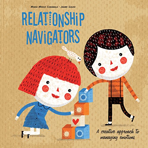 "Children's book cover featuring cartoon characters building blocks together on a brown background."