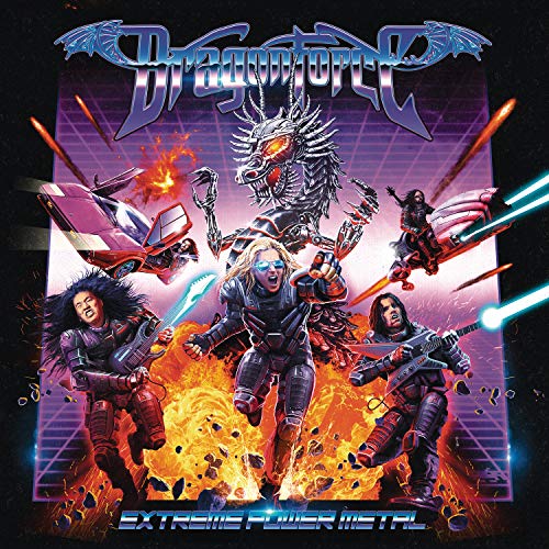"Album cover art featuring futuristic warriors and a dragon-like creature amidst flames and laser beams."