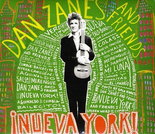 "Album cover with man holding guitar, surrounded by text on green background."