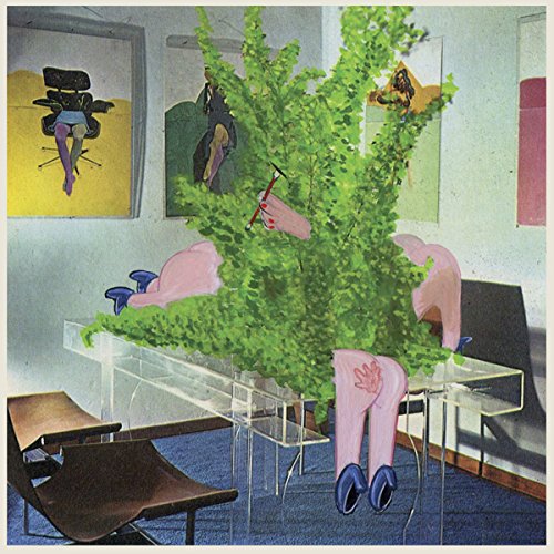 A surreal scene with a pink figure obscured by greenery in a modern art gallery.