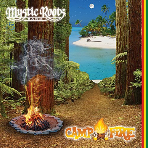 "Album cover with forest path, campfire, and tropical island scene."