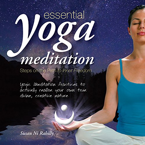 "CD cover with a woman meditating, holding a glowing orb, under a starry night sky."