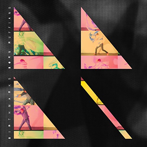"Album cover with triangles and abstract figures on a black background."