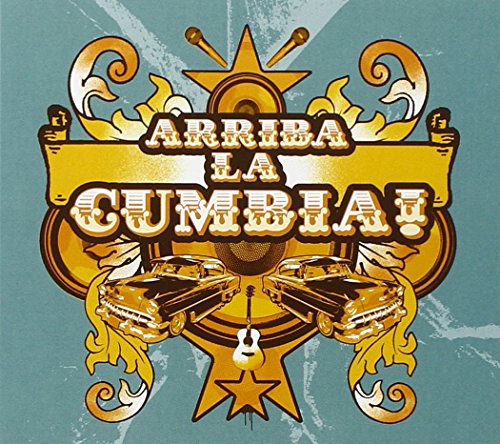 "Album cover with gold ornate design, text 'Arriba La Cumbia!' on a teal background."
