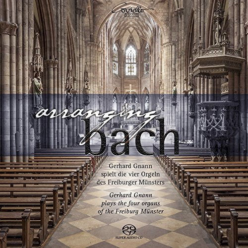 "CD cover featuring a cathedral interior with pews and the title 'arranging bach'."