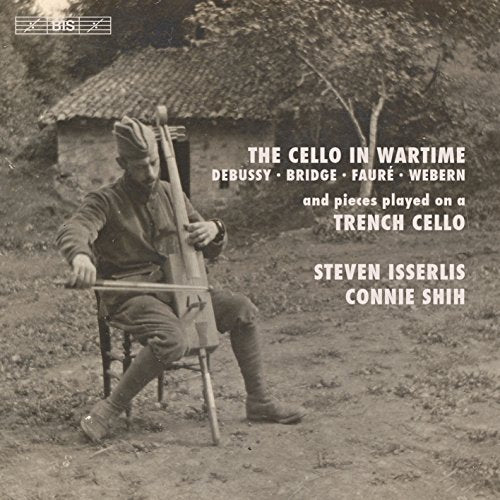 A sepia-toned album cover featuring a soldier playing cello outdoors.