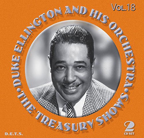 "Duke Ellington's album cover with a black-and-white portrait on an orange background."