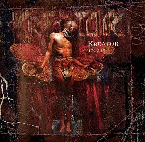 "Kreator Outcast album cover featuring a man with red butterfly wings surrounded by barbed wire."